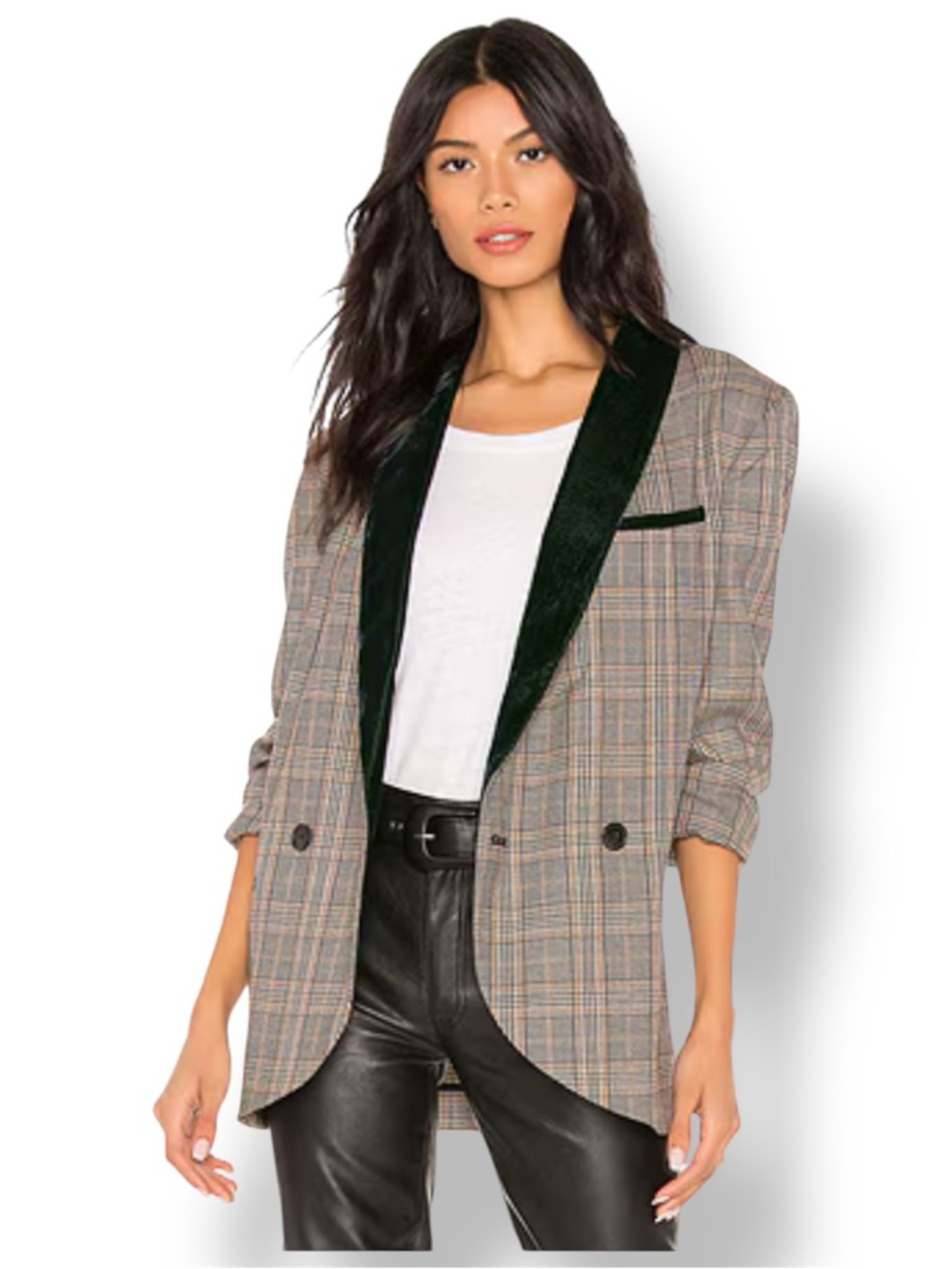 Free People Green Velvet-Trim Plaid Oversized Blazer Jacket Size XS